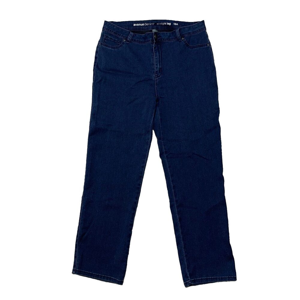 Avenue Denim Straight Leg Jeans Womens Size 18A Dark Blue Wash Faux Front Pocket